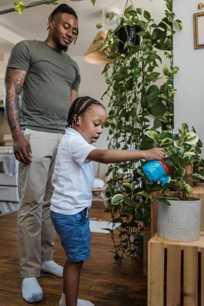Dad watching his young son water plants in the house.